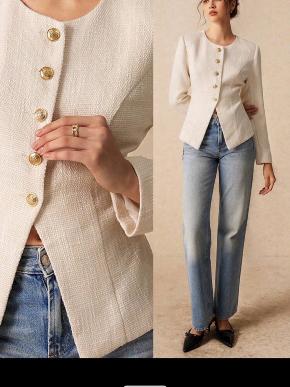 Cream Textured Button-Front Jacket with Gold Buttons